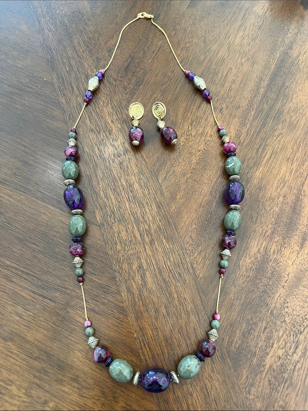 Gold, Purple and Sage Beaded Necklace with Matching Earrings